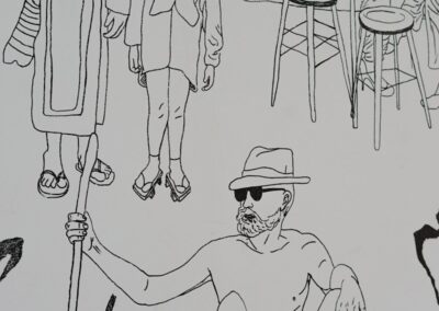 person holding stick near the ocean sketch