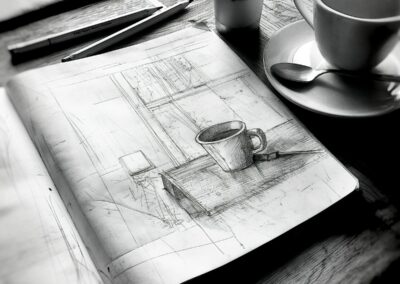 A table with a cup of coffee and a book on it