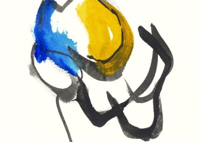 A painting of a yellow and blue flower