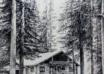 A drawing of a cabin in the woods